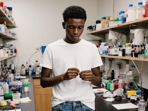10대 초반의 아프리카계 남성이 어질러진 실험실에서 캐주얼한 티셔츠와 청바지를 입고 서 있습니다. 그는 지루한 표정을 지으며 다양한 실험 장비 옆에서 물건을 만지작거리고 있습니다. 주변은 실험 도구와 자료들로 가득 차 있어 실험의 주제를 강조합니다.