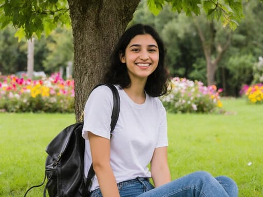 중동계 10대 후반 여성의 반신 샷으로, 자연스러운 외모를 보여줍니다. 그녀는 캐주얼한 티셔츠와 세련된 청바지를 입고 있으며, 한쪽 어깨에 멋진 백팩을 메고 있습니다. 밝고 긍정적인 표정으로 미소를 지으며 나무 아래에서 편안한 자세로 쉬고 있습니다. 배경은 푸른 잔디와 화려한 꽃들로 가득한 아름다운 정원으로, 장면의 전체적인 밝은 분위기를 더하고 있습니다.