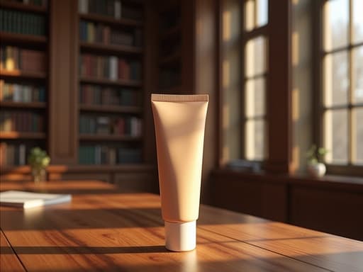BB 크림, 부드러운 질감, 부드러운 마무리, 고전적인 도서관의 다락에 놓여 있으며, 큰 창문을 통해 부드러운 그림자가 드리워진 따뜻한 자연광이 비추고 있습니다.