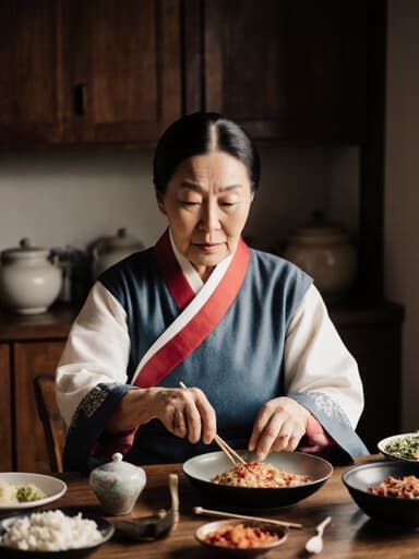 70대 혼혈 여성 모델이 전통 한복을 입고 전통적인 주방 테이블에 앉아 무관심한 표정으로 전통 음식을 만들고 있는 반신 사진. 배경은 아름답게 장식된 전통 주방입니다.