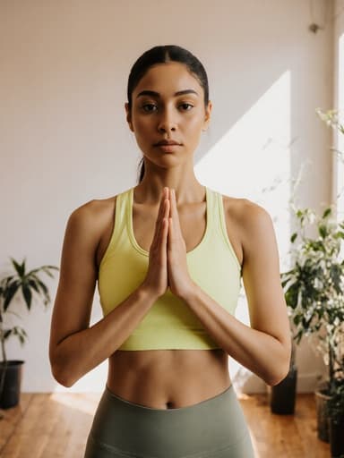 20대 라틴계 여성이 조용한 요가 스튜디오에서 밝은 색상의 요가복을 입고 서 있습니다. 무표정으로 집중하며 가슴 앞에 두 손을 모은 자세로, 부드러운 조명과 초록색 식물들이 어우러진 차분한 요소들로 둘러싸여 있습니다.