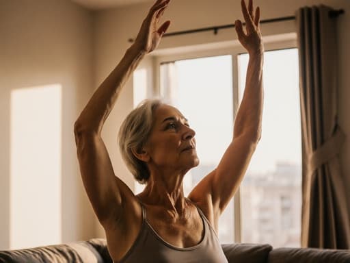 이 이미지는 50대 중동계 여성이 편안한 요가 복을 착용하고 요가를 하고 있는 모습을 담고 있습니다. 그녀는 위로 손을 뻗으며 고민하는 표정을 짓고 있으며, 큰 창문을 통해 자연광이 들어오는 아늑한 거실에서 촬영되었습니다.