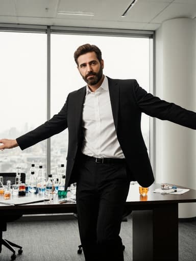 40대 중동계 남성이 짧은 갈색 머리와 수염을 가지고, 스타일리시한 흰색 셔츠와 검은색 정장 바지, 세련된 블레이저를 착용한 전신 샷입니다. 그는 자신감 있는 포즈로 양팔을 벌리고 몸을 약간 기울이며 춤추는 듯한 모습으로 편안한 표정을 짓고 있습니다. 배경은 자연광이 들어오는 현대적인 회의실로 과학 관련 자료와 실험 도구들이 테이블 위에 놓여 있어 전문성과 창의성을 전달합니다.