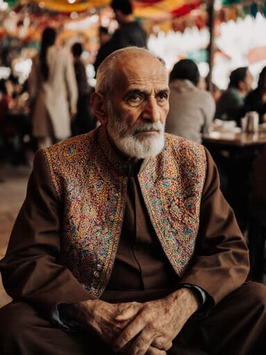 전통적인 중동 의상을 입고 바닥에 앉아 있는 80대 중동계 남성의 반신 사진. 그의 무관심한 표정과 깊은 생각에 잠긴 모습이 전통 축제가 열리는 카페의 생동감 있는 분위기 속에서 강조됩니다.
