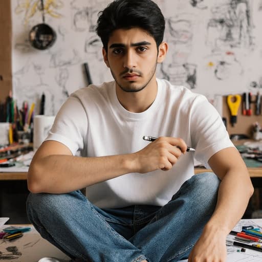 10대 초반의 중동계 남성이 자연스러운 외모로, 편안한 티셔츠와 청바지를 입고 디자인 도구를 손에 들고 크로스 레그로 앉아 있는 모습의 반신 사진입니다. 그의 주위는 다양한 디자인 스케치와 도구로 가득 찬 창의적인 작업 공간이며, 약간의 지루함과 무관심한 표정이 창의성의 주제를 완벽하게 반영합니다.