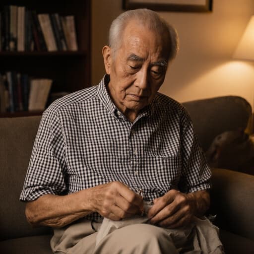 이미지에는 80대 동양인 남성이 아늑한 거실에 편안하게 앉아 체크무늬 셔츠와 면바지를 입고 있는 모습이 담겨 있습니다. 그는 바느질 도구와 천을 손에 쥐고 있으며, 무관심한 표정으로 바느질에 집중하지 않고 있습니다. 따뜻한 조명 아래 소파와 책장이 있는 배경이 펼쳐져 있습니다.