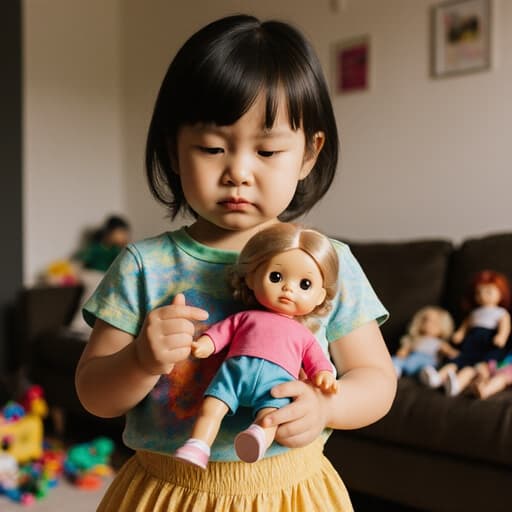 밝은 색상의 티셔츠와 스커트를 입은 귀여운 3살 백인 소녀가 인형을 들고 지루한 표정을 지으며 아늑한 거실에서 장난감과 인형이 흩어져 있는 모습의 반신 사진, 어린 시절의 놀이 본질을 담고 있습니다.