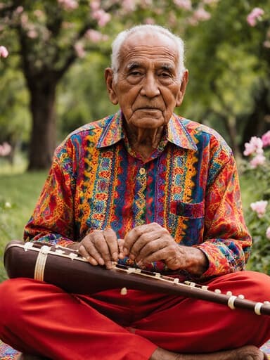 지혜로운 외모를 가진 80대의 라틴계 남성이 화려한 전통 의상을 입고 푸른 나무와 꽃들이 있는 평화로운 공원에서 다리를 꼬고 앉아 전통 악기를 연주하고 있습니다. 그의 표정은 깊은 지혜와 문화 유산을 반영하는 평온함을 나타냅니다.