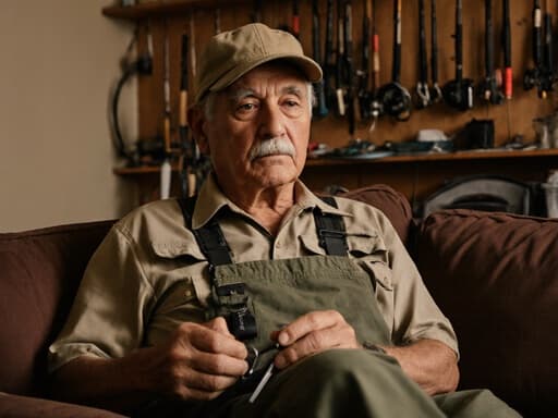 60대 라틴계 남성이 편안한 어업 작업복을 입고 소파에 앉아 낚시 도구를 들고 있는 반신 사진, 배경에는 정리된 어업 장비가 있는 따뜻한 거실이 있어 차분하고 무관심한 표정을 보이고 있습니다.