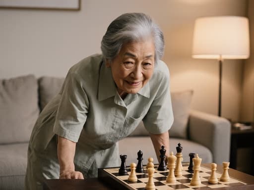 80대 한국인 여성의 반신 사진으로, 자연스러운 외모를 가진 그녀는 편안한 집 원피스를 입고 있습니다. 피곤한 표정을 짓고 있지만 부드러운 미소를 띄고 있으며, 체스판을 바라보며 약간 기울어져서 춤추듯한 자세를 취하고 있습니다. 배경은 체스판이 놓인 테이블과 편안한 소파가 있는 아늑한 거실로, 그녀의 여유로운 분위기를 잘 살려주는 따뜻하고 초대하는 느낌을 줍니다.