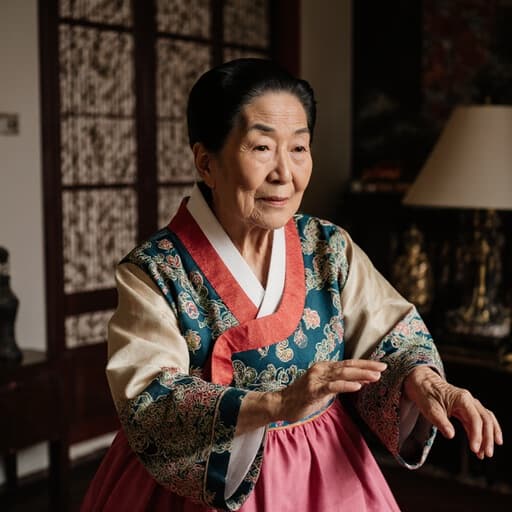 전통 한복을 입고 있는 70대 백인 여성, 부드러운 주름과 지루한 표정을 지으며 전통 음악에 맞춰 손을 부드럽게 흔드는 모습, 전통 소품이 가득한 아름답게 장식된 거실에서 촬영되었습니다.
