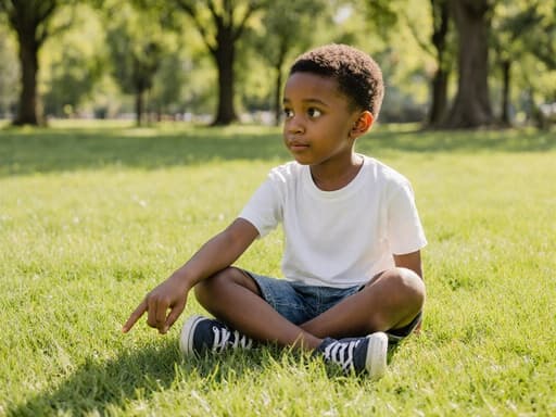 귀여운 외모를 가진 7세 흑인 남성이 햇살이 비치는 공원에서 편안한 티셔츠와 반바지를 입고 교차한 다리로 앉아 바닥을 가리키며 장난스러운 표정을 짓고 있는 모습을 반신 촬영한 이미지입니다. 배경은 푸른 나무와 잔디로 가득 차 있어 생기 넘치고 즐거운 분위기를 연출합니다.