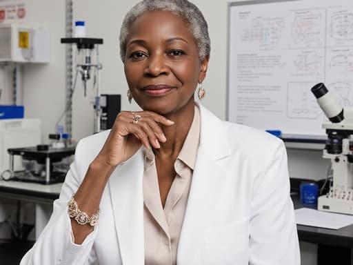 60대의 자신감 있는 흑인 여성이 현대적인 분석실에서 반신 상으로 포착되었습니다. 그녀는 세련된 흰색 코트와 고급스러운 블라우스를 착용하고 있으며, 고급스러운 액세서리로 장식되어 있습니다. 턱에 손을 대고 사색하는 듯한 자세는 결과를 기다리며 주변의 최첨단 분석 장비와 화이트보드와 함께 전문적인 분위기를 만들어냅니다.