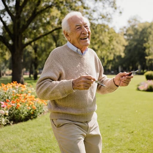 편안한 니트 스웨터와 면바지를 입은 80대 혼혈 남성이 바느질 도구를 들고 행복하게 춤추며, 만족스러운 미소를 지으며 푸른 잔디와 다채로운 꽃들로 둘러싸인 햇살이 비치는 공원에서 촬영된 모습입니다.