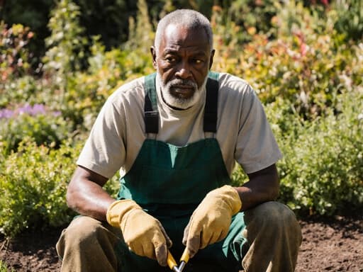 50대 아프리카계 남성이 정원 작업복과 장갑을 착용하고 정원 도구를 손에 쥐고 앉아 있는 반신 사진. 그는 차가운 표정을 지으며 집중하고 있으며, 다양한 식물로 가득한 햇빛이 잘 드는 정원 배경이 특징입니다.