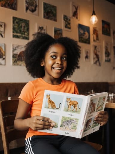 아늑한 카페에서 밝은 티셔츠와 운동복 바지를 입은 7세 아프리카계 소녀의 전신 사진, 동물에 관한 책을 들고 호기심 어린 눈빛으로 걷고 있는 모습.