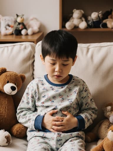 아늑한 소파에 앉아 배를 만지며 배고픔을 표현하는 귀여운 7살 아시아계 남자아이의 반신 사진. 배경은 장난감이 흩어져 있는 아늑한 거실로, 장난스럽고 친밀한 분위기를 만들어냅니다.