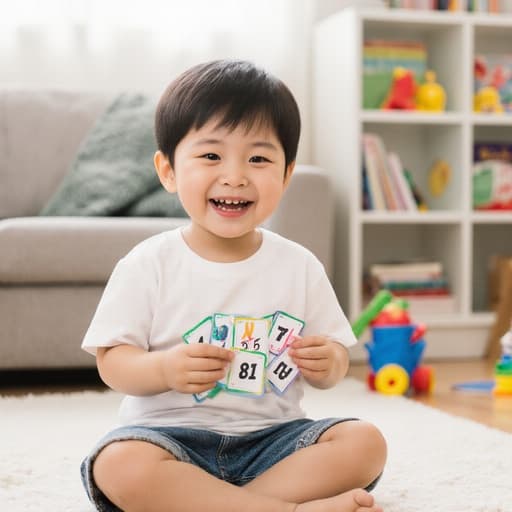 귀여운 3세 한국인 남성이 편안한 티셔츠와 반바지를 입고 밝고 아늑한 거실 바닥에 앉아 즐거운 표정을 지으며 숫자 카드를 들고 있습니다. 장난감과 책들이 주위를 둘러싸며 장난기 가득한 분위기를 만들어냅니다.