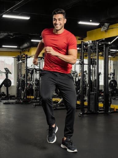 운동복을 입고 체육관에서 춤추고 있는 활기찬 라틴계 남성의 전체 몸샷, 그의 기쁨과 유연성을 보여줍니다.