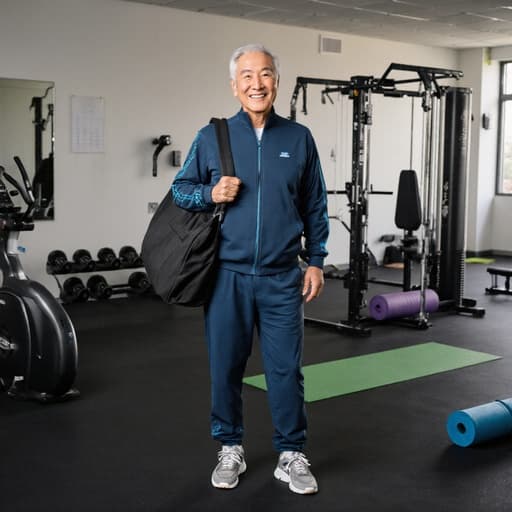 60대 아시아계 남성이 세련된 운동복을 입고 운동 기구가 배치된 깔끔한 트레이닝 공간에서 한 쪽 어깨에 가방을 메고 있는 반신 사진입니다. 그는 긍정적인 에너지를 발산하며 따뜻한 미소를 짓고 있습니다.