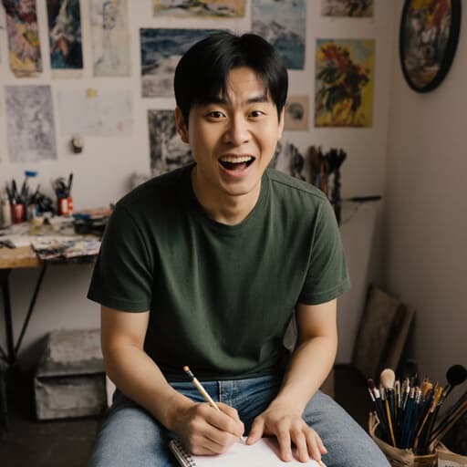 30대 아시아계 남성이 자연스러운 외모로 반신 촬영된 이미지입니다. 그는 아늑한 작업실에 앉아 있으며, 편안한 티셔츠와 청바지를 입고 있습니다. 놀란 표정으로 스케치북에 그림을 그리고 있는 모습이 포착되었습니다. 작업실은 다양한 그림과 예술 도구들로 장식되어 있어, 따뜻하고 매력적인 분위기가 창의적인 느낌을 더하고 있습니다.