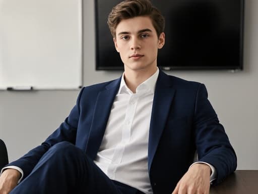 세련된 화이트 셔츠와 네이비 블루 블레이저를 입은 자신감 있는 10대 후반의 유럽계 남성이 현대적인 회의실에 편안하게 앉아 다리를 교차하고 있습니다. 그의 세련된 표정은 전문성을 드러내며, 배경에는 대형 스크린과 화이트보드가 있어 현대적인 비즈니스 분위기를 강조합니다.