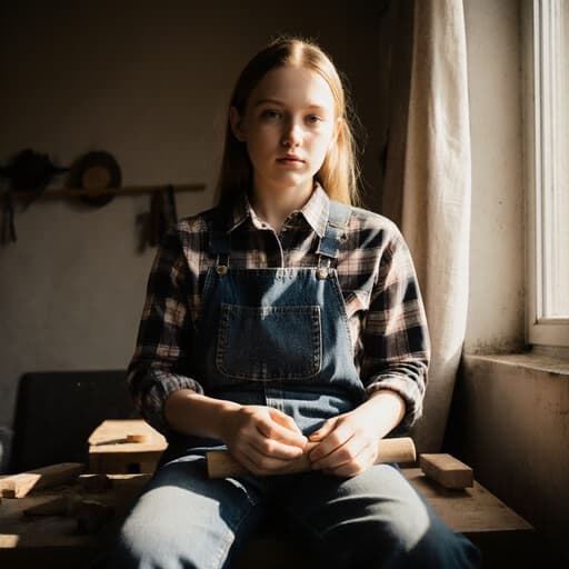 초반 10대의 백인 소녀가 아늑한 거실 작업대에서 나무 조각을 하고 있습니다. 그녀는 작업용 청바지와 체크무늬 셔츠를 입고 있으며, 나무 조각을 손에 들고 무표정으로 집중하는 모습이 햇빛에 비추어져 있습니다.