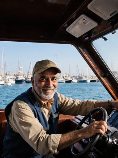 친근한 표정을 지닌 50대 중동계 남성이 간단한 작업복과 조끼, 모자를 착용하고 있는 전신 사진입니다. 그는 항구에서 어선의 기계 장비를 점검하며 스트레칭하는 자세를 취하고 있으며, 자연스러운 외모와 친근한 매력을 잘 드러내고 있습니다. 배경에는 푸른 바다와 어선들이 있어 해양 테마를 강조하고 있습니다. 자연스러운 조명 아래 따뜻하고 매력적인 분위기가 연출됩니다.