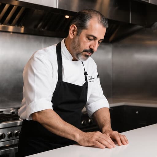 40대 중동계 남성이 흰색 조리복과 검정색 앞치마를 입고 현대적인 주방에서 진지한 표정으로 조리대에 서 있습니다. 그는 요리를 준비하며, 고급 주방 장비와 깔끔하게 정돈된 작업 공간이 있는 현대적인 레스토랑 주방에서 자신의 요리 기술을 보여줍니다.