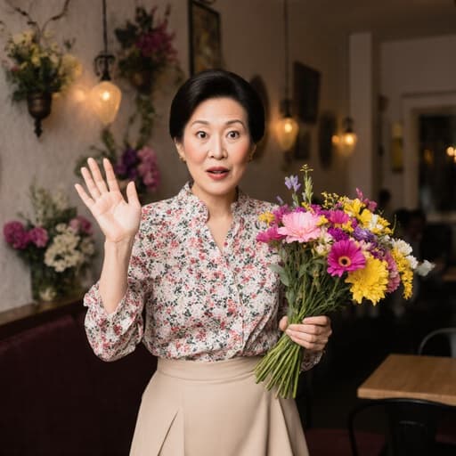 50대 아시아계 여성이 꽃무늬 블라우스와 베이지색 에이치라인 스커트를 입고 꽃다발을 들고 인사하는 모습이 아늑한 카페 배경과 함께 담긴 이미지.