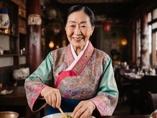 이미지는 80대 한국인 여성의 모습을 보여주며, 화려한 전통 한복을 입고 따뜻한 미소를 지으며 전통 음식을 만드는 데 집중하고 있는 모습이 아늑한 카페 환경에서 전통과 현대가 조화롭게 어우러진 장면을 담고 있습니다.