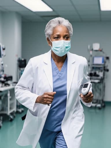 60대 흑인 여성이 의사 가운, 스크럽, 마스크를 착용하고 진단 기기를 들고 깨끗하고 현대적인 병원의 수술실을 활기차게 달리는 모습.