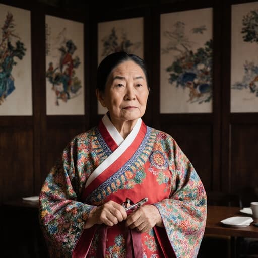 70세 아시아계 여성의 반신 사진으로, 화려한 전통 한복을 입고 공예 도구를 쥐고 있는 모습이 아늑한 카페에서 지루한 표정을 지으며 전통 예술 작품들로 둘러싸인 장면입니다.