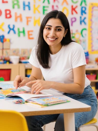 20대 중동계 여성이 편안한 티셔츠와 청바지를 입고 밝은 교실의 유아용 책상에 앉아 있습니다. 그녀는 따뜻한 미소를 지으며 앞에 있는 책을 가리키고 있으며, 알파벳과 숫자가 적힌 다채로운 포스터가 교육적인 분위기를 돋보이게 합니다.