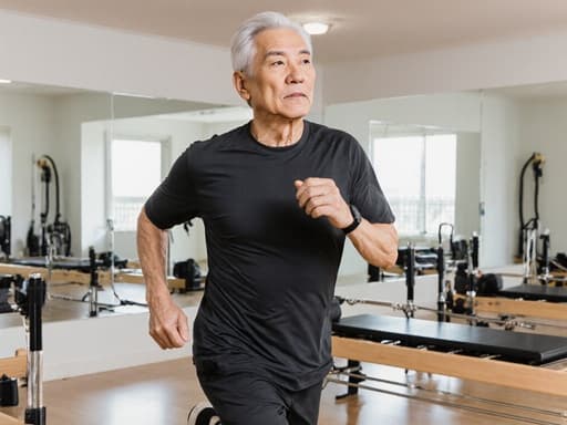 60대 아시아계 남성이 편안한 필라테스 복장을 입고 매트 쪽으로 달려가며 운동 후 피곤한 표정을 짓고 있는 모습의 반신 사진입니다. 거울과 다양한 운동 기구가 있는 밝고 깨끗한 필라테스 수업실 배경이 피트니스 테마를 보완합니다.