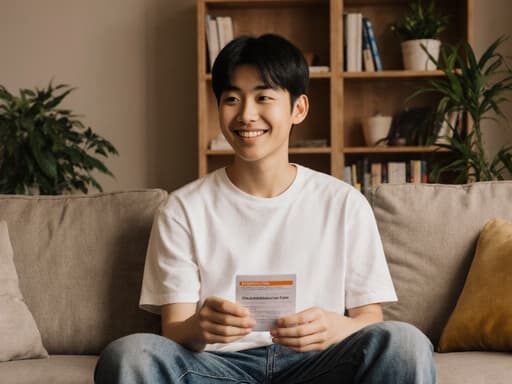 아늑한 거실에서 캐주얼한 티셔츠와 청바지를 입고 있는 동양인 남성의 반신 사진. 그는 손에 처방전을 들고 활기찬 미소를 지으며 주위를 살펴보고 있으며, 배경에는 책장과 식물이 배치되어 있다.