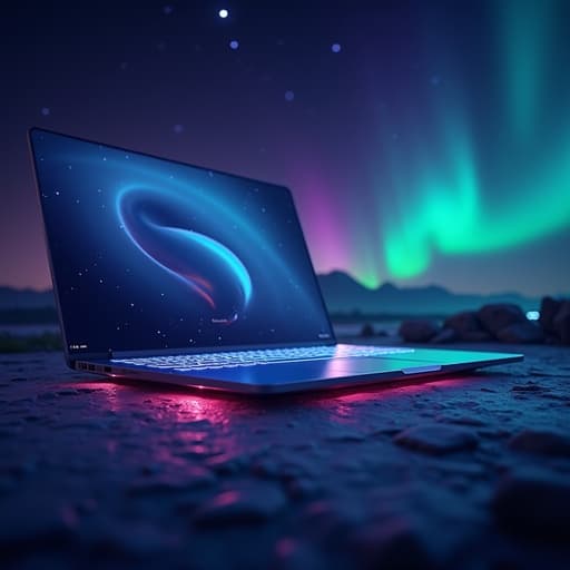 노트북, 디지털 기기, 오로라가 빛나는 밤하늘, 반짝이는 별들, 평온한, 이세상 밖의
