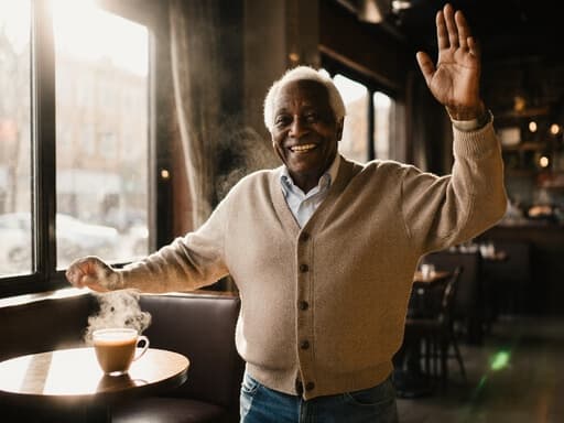 80대의 고마운 표정의 흑인 노인이 편안한 카디건과 청바지를 입고 따뜻한 카페에서 춤을 추며 미소 짓고 있고, 커피잔이 테이블에 놓여 있으며, 창 밖으로 햇살이 비추고 있습니다.