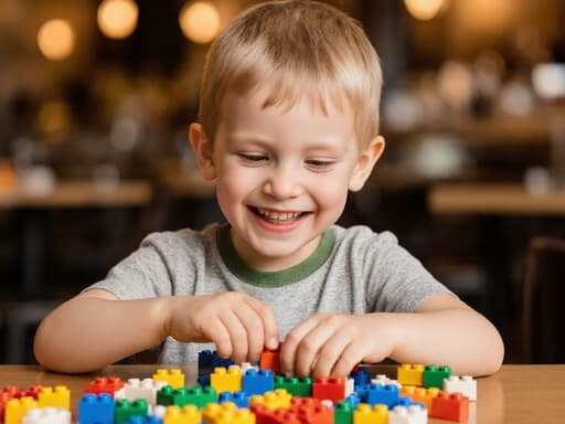 따뜻한 카페 환경에서 다채로운 레고 블록을 쌓고 있는 활발한 3세 유럽계 남자 아이의 생동감 있는 반신 사진, 그의 창의성과 장난기 넘치는 모습을 보여줍니다.