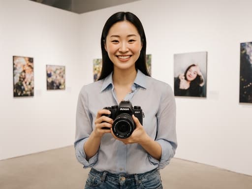 밝은 전시 공간에서 다양한 사진 작품들로 가득한 배경 속에서 카메라를 들고 자연스럽게 미소 지으며 자신감 있는 아시아계 30대 여성의 반신 사진입니다. 사진 교육의 정신을 잘 표현하고 있습니다.