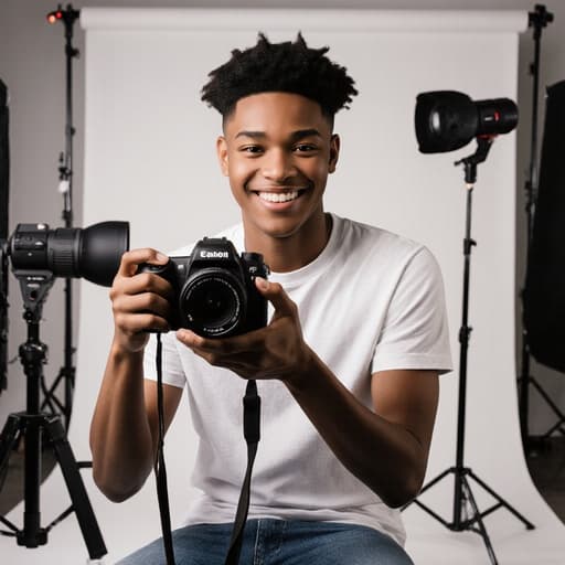 혼혈의 10대 후반 남성이 사진 스튜디오에서 카메라를 자신을 향해 들고 따뜻한 미소를 지으며 자신감을 가지고 서 있습니다. 그는 편안한 티셔츠와 청바지를 입고 있으며, 세련되고 편안한 스타일을 보여줍니다. 스튜디오는 다양한 촬영 장비와 조명으로 가득 차 있어, 사진을 배우고자 하는 사람들에게 영감을 주는 분위기를 만들어냅니다.