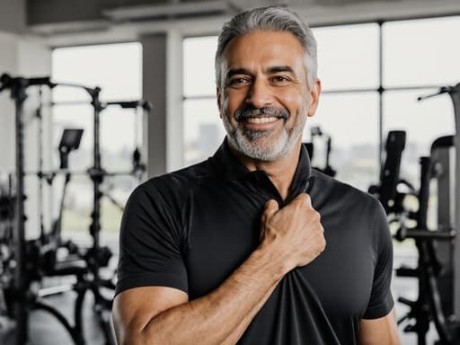 40대 중동계 남성이 편안한 운동복을 입고 현대적인 헬스장에서 운동 준비를 하며 자신감 넘치는 모습입니다. 한 손으로 상의를 잡고 있으며, 다양한 운동 기구들이 배치된 공간에서 자연스럽고 여유로운 표정을 짓고 있습니다.