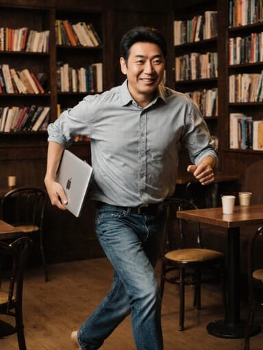 40대의 동양인 남성이 캐주얼한 복장을 하고 노트북을 들고 달려가며 창의적이고 자유로운 표정을 짓고 있는 모습의 전신 사진. 아늑한 카페의 내부에는 책장과 편안한 의자들이 배치되어 있습니다.
