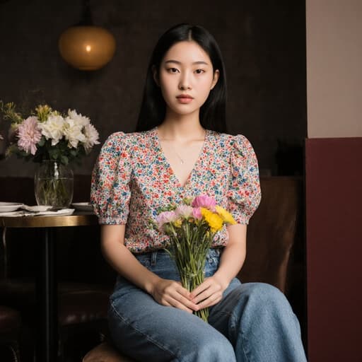 한 아늑한 카페에서 자연스러운 외모를 가진 10대 후반 동양인 여성이 밝은 꽃무늬 블라우스와 청바지를 입고 앉아 있습니다. 그녀는 꽃다발을 손에 들고 다리를 뻗고 있으며, 꽃으로 장식된 테이블이 아늑한 분위기를 더해줍니다.
