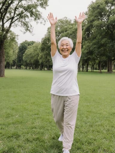 80대 아시아계 여성의 반신 사진으로, 편안한 운동복과 운동화를 착용하고 친근한 미소를 짓고 있습니다. 그녀는 자연스럽게 스트레칭을 하며 팔을 위로 올리고 있으며, 푸른 잔디와 나무들이 있는 공원의 배경 속에서 활기와 기쁨을 전하고 있습니다.
