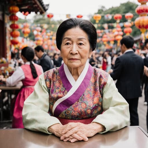 전통 축제 중 붐비는 공원에서 카페 테이블에 앉아 있는 70대 아시아계 여성의 반신 촬영. 전통 한복을 입고 걱정스러운 표정을 지으며 테이블에 손을 올리고 있는 모습으로, 축제의 생동감 넘치는 분위기 속에서 깊은 감정을 전달한다.