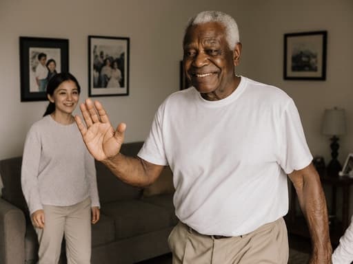 70대 아프리카계 남성이 아늑한 거실에 서서 편안한 티셔츠와 바지를 입고 있습니다. 그는 피곤하지만 부드러운 미소를 지으며 가족과 대화하며 손을 흔들고 있으며, 소파와 가족 사진이 있는 주변은 따뜻하고 친밀한 분위기를 만들어냅니다.