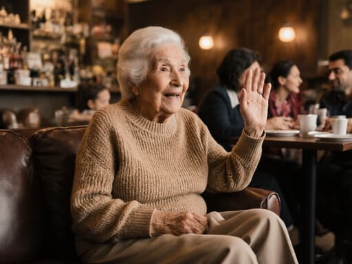 아늑한 카페에서 니트 스웨터와 슬랙스를 입고 있는 80대 라틴계 여성의 반신 사진으로, 고마움을 표현하며 가족과 대화하는 모습으로, 손을 살짝 흔드는 포즈와 따뜻한 분위기가 어우러져 있습니다.