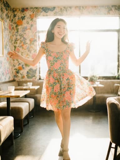 화사한 프릴 원피스를 입은 귀엽고 사랑스러운 한국 여성이 아침 햇살이 비치는 아늑한 카페에서 손을 들고 춤추듯이 즐거운 표정을 짓고 있는 전신 사진. 그녀의 순수한 미소와 경쾌한 자세가 즐거운 아침의 본질을 담고 있습니다.
