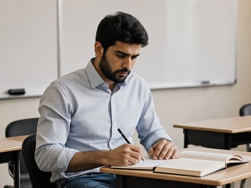 30대 중동계 남성이 편안한 셔츠와 청바지를 입고 강의실에 앉아 진지한 표정을 짓고 있습니다. 그는 긴장한 표정으로 책을 바라보며 노트에 필기하고 있으며, 화이트보드와 책상이 있는 교육 환경에서 촬영되었습니다.